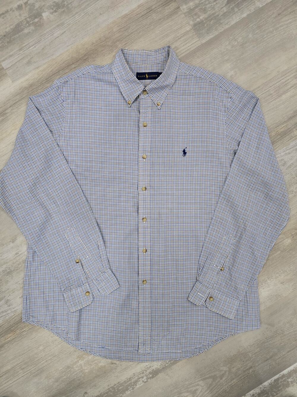 Polo Ralph Lauren Blue Tag Shirt Men 2X White Blue Checked Button Down Pony 012